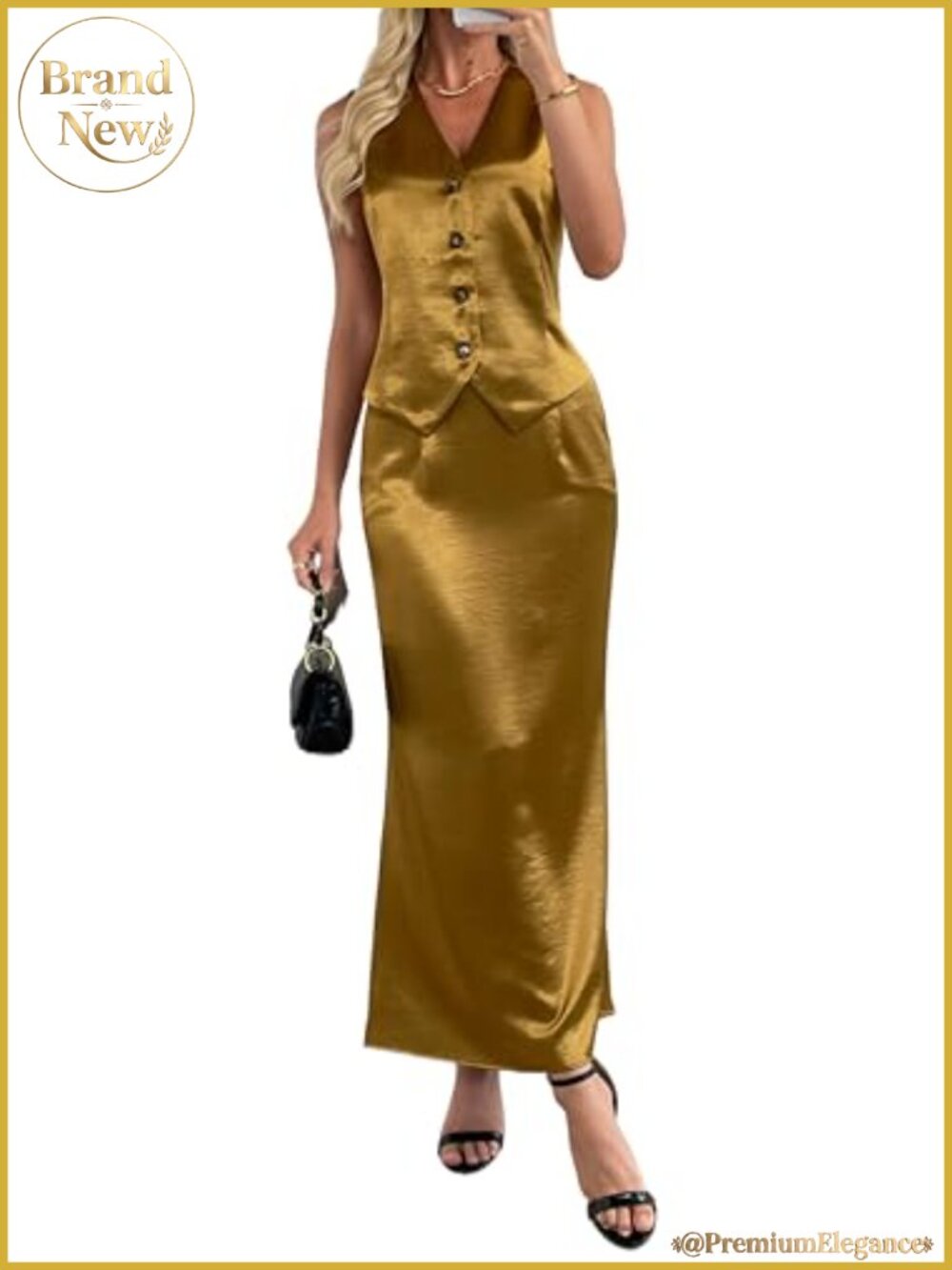 Women's 2 Piece Skirt Set Satin Vest Maxi Skirt Business Casual Party Outfit